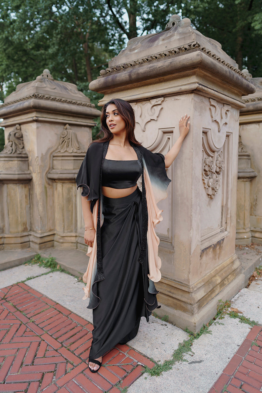 Black Satin Drape Skirt, Blouse, & Arya Dupatta Set
