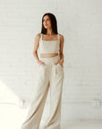Pocketed High-Rise Wide Leg Trouser - Beige - MOR Collections